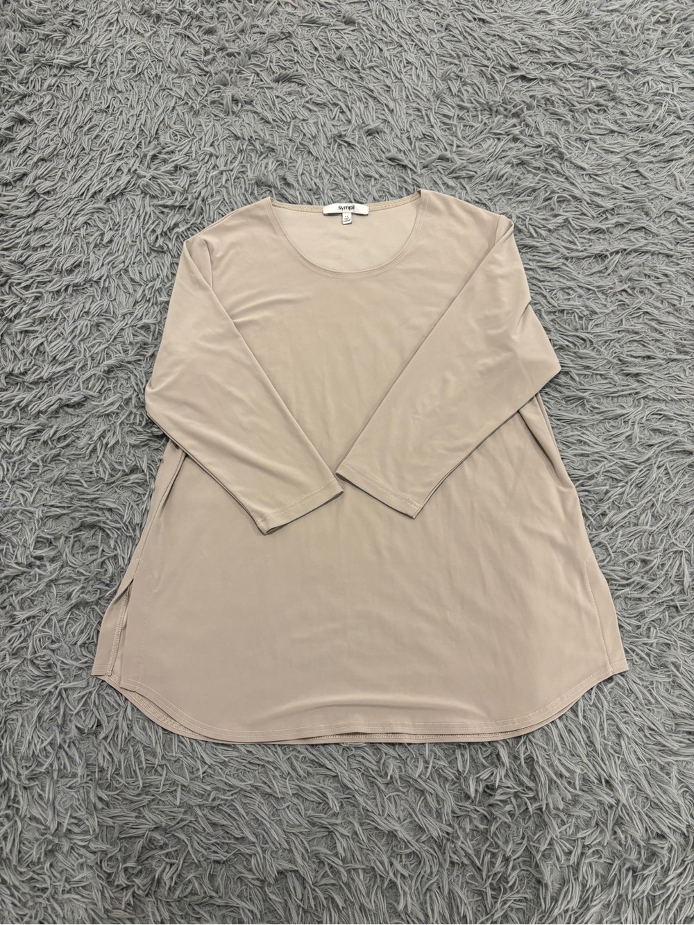 Sympli Jersey Knit Tunic Shirt Womens 12 Beige 3/4 Sleeves Minimalist Scoop Neck